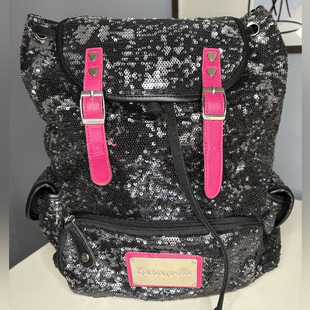 Betsey Johnson Betsyville Black and Pink Sequin Backpack